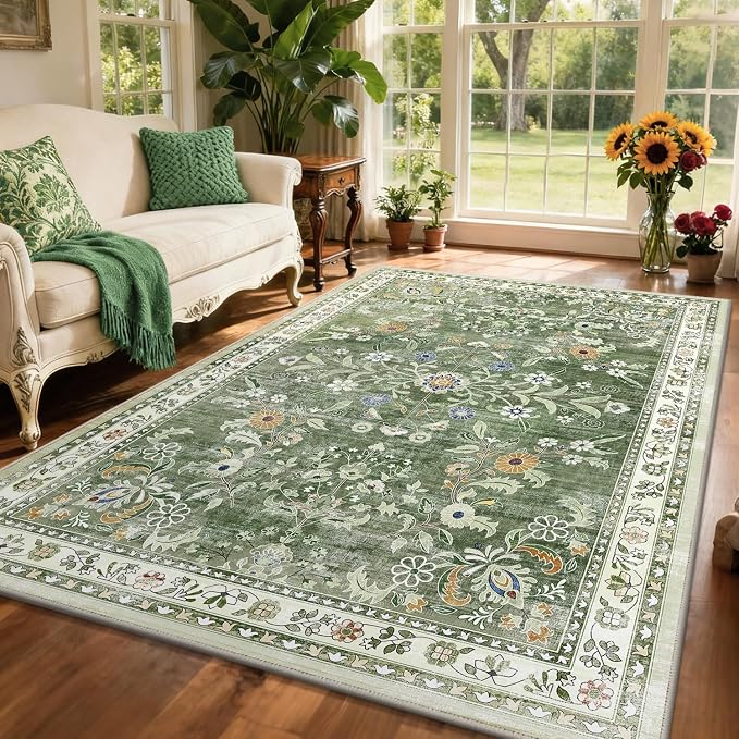 Yamaziot 6x9 Washable Area Rug for Living Room Floral Carpet Sage Green | Non by Yamaziot