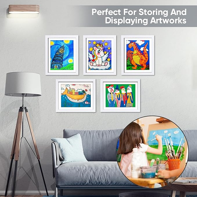 Kids Artwork Frame - Changeable Front Opening, Holds 150 Art Projects, 8.5x11 Picture Display With Storage (White)