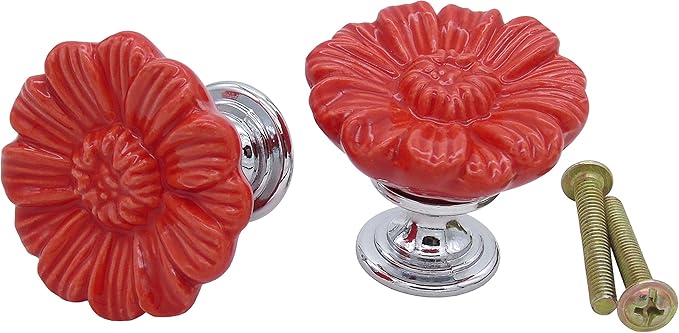 6PCS Vintage Floral Daisy Ceramic Dresser Drawer Knobs Elegant Cabinet Cupboard Door Hardware Pull Handles w/Screws Red
