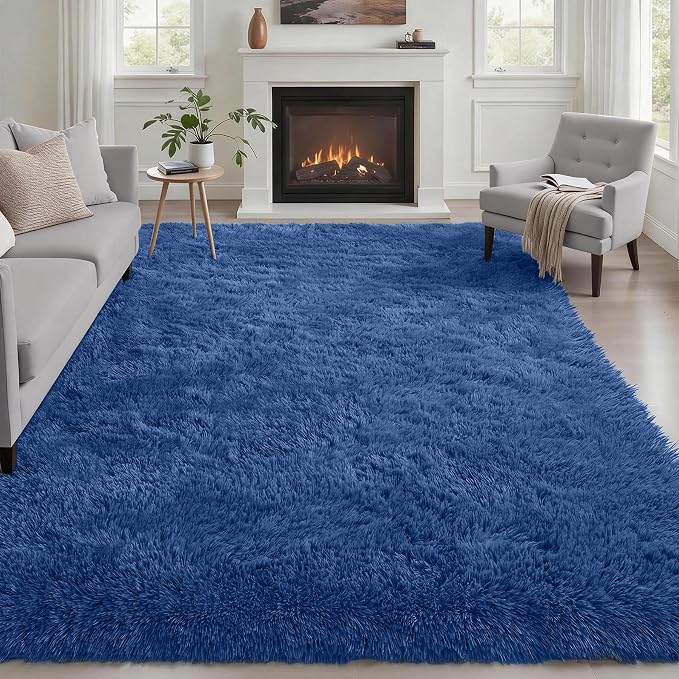 Area Rug Living Room Bedroom: 5x7 Fluffy Plush Shag Carpet Blue | by Luxturiy