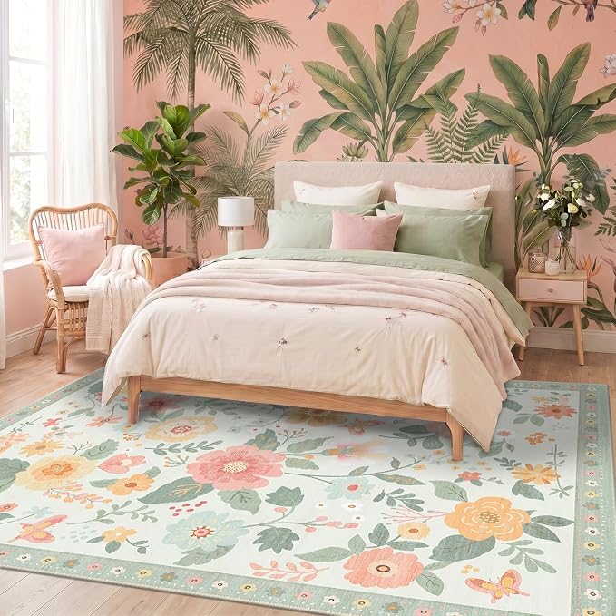 RELEANY Floral Washable 8x10 Area Rugs Beige/Green | Flower Carpet Print Boho - Image 8