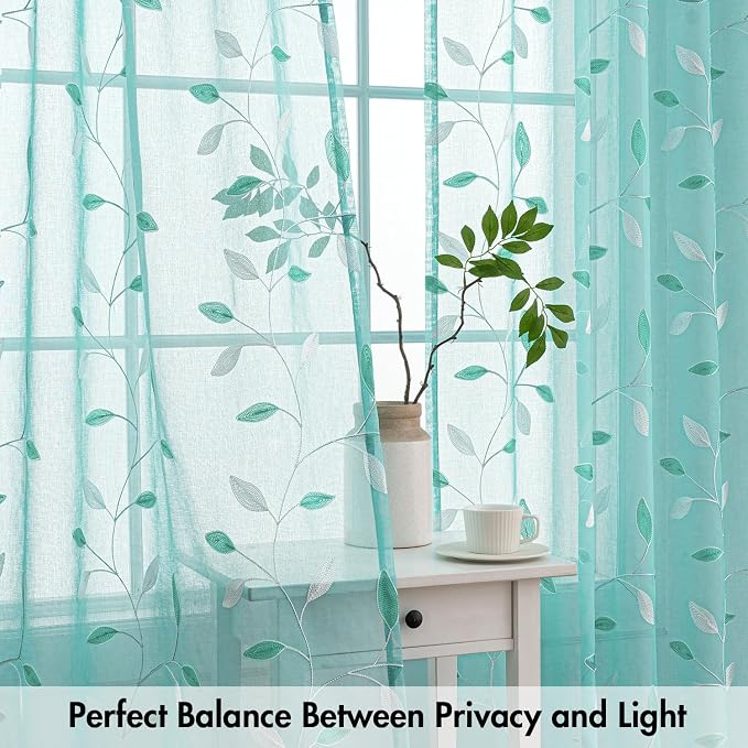 MIULEE Turquoise Sheer Curtains 2 Panels Leaf Patterned, W52 x L84 | - Image 5