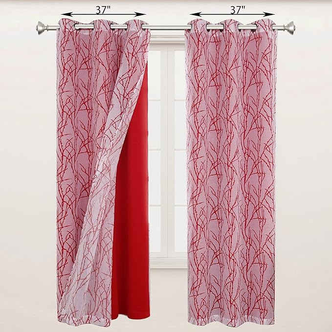 BONZER Mix and Match Curtains - 2 Pieces Branch Print Sheer Curtains and 2 Pieces Blackout Curtains for Bedroom Living Room Grommet Window Drapes, 37x95 Inch/Panel, Red, Set of 4 Panels