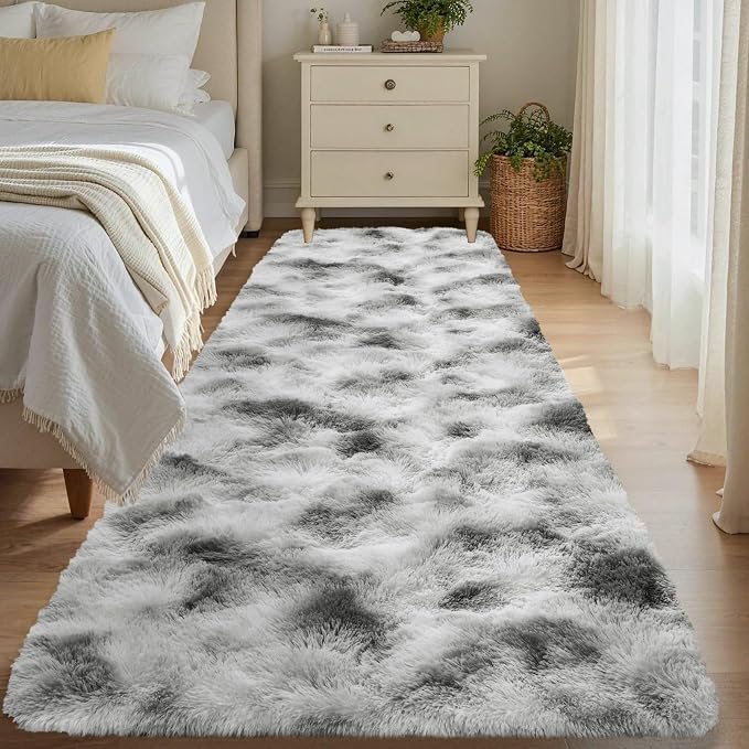 2x6 Tie-Dyed Grey and White Fluffy Runner Rug Non-Slip by ModernHomeDecor