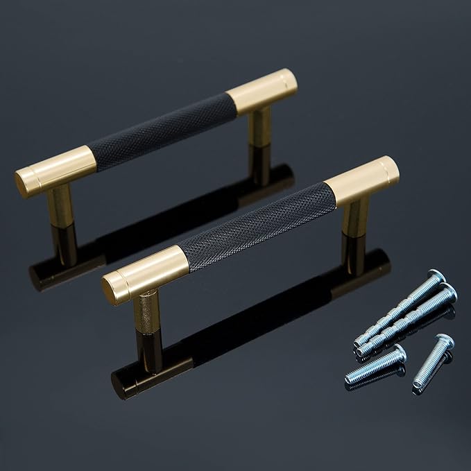 Knurled Cabinet Pulls 2 Pack, 5 Inch Long Cabinet Handles Metal Door Pulls, Kitchen Drawer Pull Knurled Dresser Handles - 3 3/4" Hole to Hole, Black & Gold