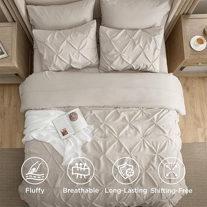 Bedsure King Comforter Set Linen - Bed in a Bag Bedding Set 7 Pieces, GentleSoft™ Pintuck Bed Set Gift for Family, Pinch Pleat All Season Comforter with Sheets, Pillowcases & Shams