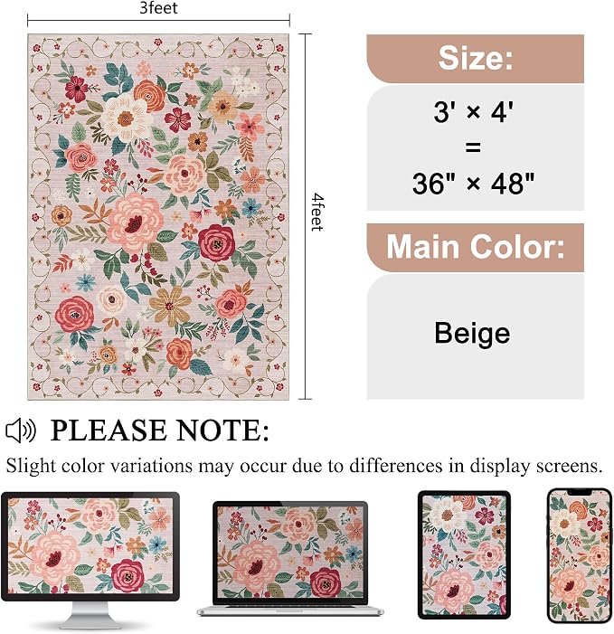 DUKINO 3x4 Area Rug, Floral Washable Rug - Image 2