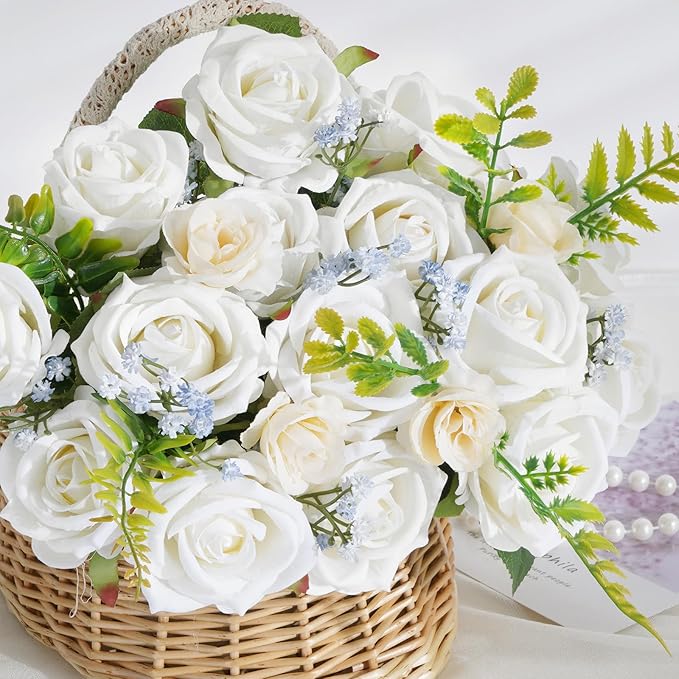 BLEUM CADE 50 Pcs White Roses Artificial Flowers, Real Touch Velvet Roses Fake Flowers Bulk, Artificial Roses Bouquet with Long Stems Bridal DIY Wedding Party Centerpiece Decorations