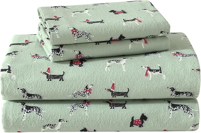 Laura Ashley - Flannel Sheets Twin Size, Anti-Pilling & Wrinkle Resistant Cotton, Touchably Soft for All-Season Comfort - Bed Sheets with Matching Pillowcase & Fitted Sheet (Holiday Pups Green)