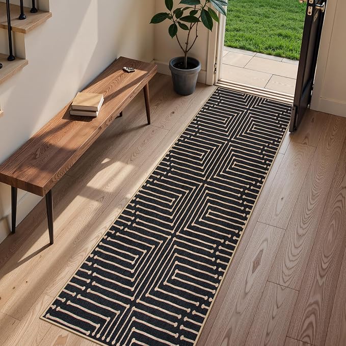 Lahome Maze Lines Washable Kitchen Runner Rug, 2x8 Black Outdoor Runner Rug | - Image 8