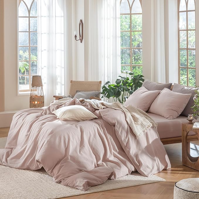 MooMee Bedding Duvet Cover Set 100% Washed Cotton Linen Like Textured Breathable Durable Soft Comfy (Heathered Greyish Pink, Queen 90"x90")