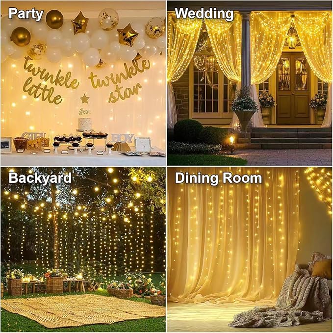 HXWEIYE 300LED Fairy Curtain Lights, 9.8x9.8Ft USB Plug-in 8 Modes Christmas String Hanging Lights with Remote for Bedroom Backdrop Wedding Party Indoor Wall Decor, Warm White, Standard