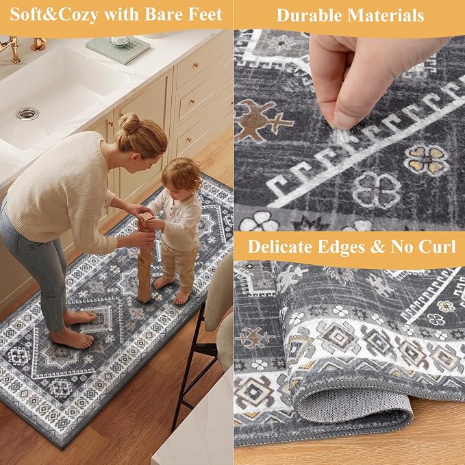 HEBE Boho Kitchen Rugs Set of 3, Non Slip Washable Kitchen Mats - Image 5