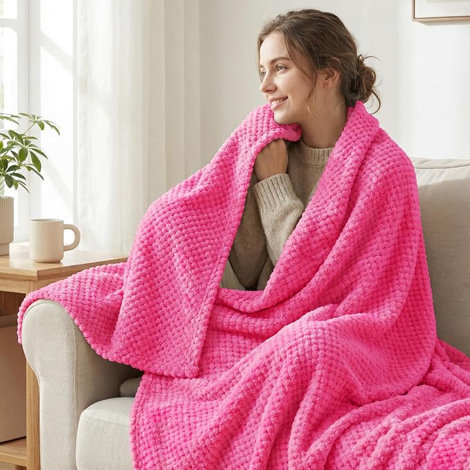 Exclusivo Mezcla Soft Waffle Fleece Bed Blanket Queen Size, Hot Pink | - Image 2