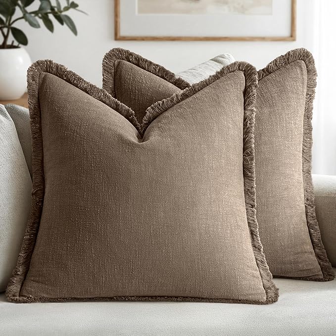 MIULEE Linen Fringe Decorative Fall Throw Pillow Covers Cocoa Brown 18x18 | Set by MIULEE
