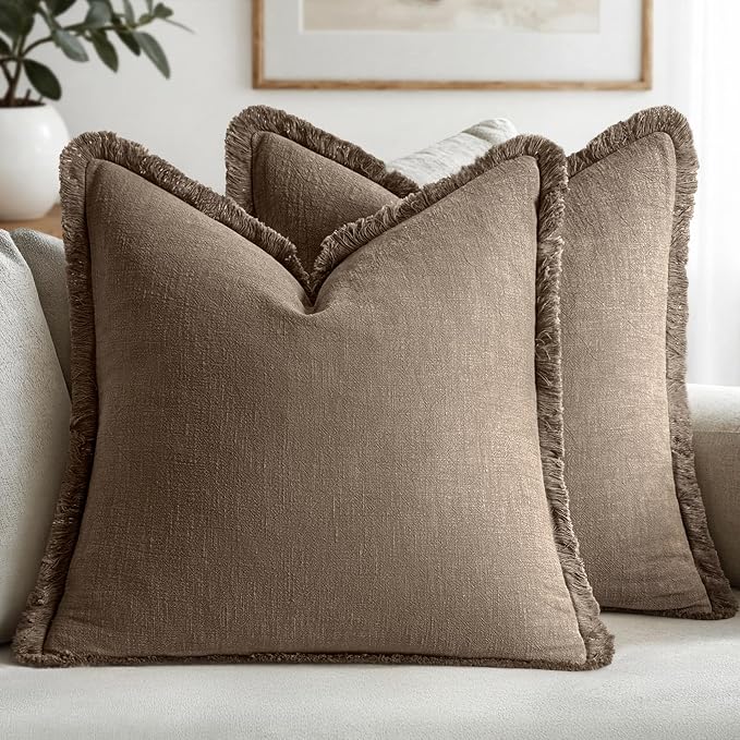 MIULEE Linen Fringe Decorative Fall Euro Pillow Covers Cocoa Brown 24x24 | Set by MIULEE