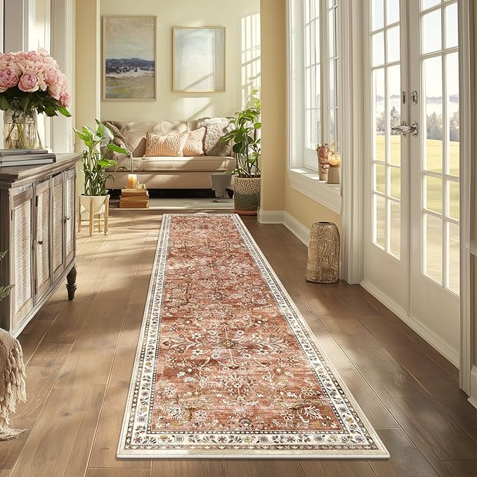Yamaziot 2x6 Washable Hallway Runner Rug Non Slip Floral Carpet, Brick-red | - Image 7