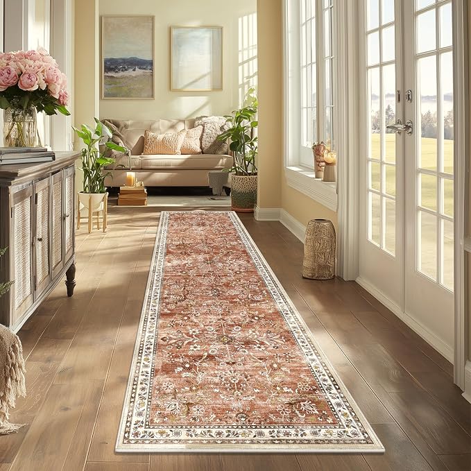Yamaziot 2x8 Washable Hallway Runner Rug Non Slip Floral Carpet, Brick-red | - Image 3