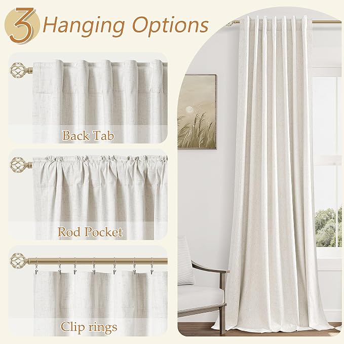 Beige White 100% Blackout Linen Curtains 80 Inch Length 2 Panels Set - Image 6