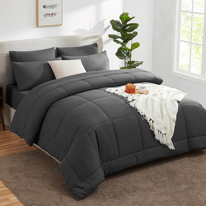 CozyLux King Size Comforter Set Dark Grey, 7 Pieces Bed in a Bag, Dark Grey Comforter King Size, All Season Bedding Sets with Stitch Quilted Comforter, Flat Sheet, Fitted Sheet, Pillowcases
