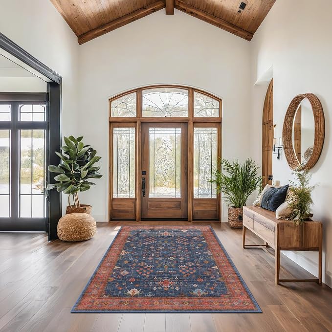 Dark Blue & Terracotta 5x8 Living Room Rug - Image 8