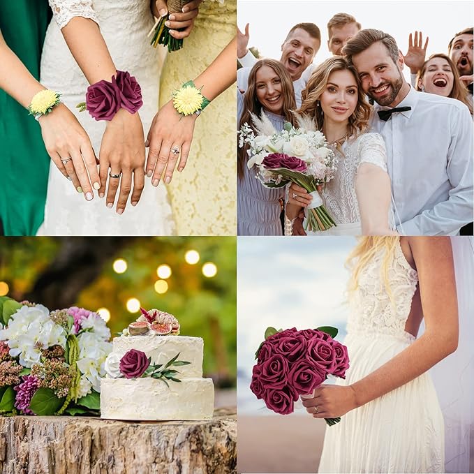 JOYLEX Artificial Flowers Realistic Roses, 25pcs Dark Red Real Looking Fake Roses with Stem for DIY Wedding Bouquets Centerpieces Bridal Shower Party Home Romantic Decorations (Wine Red)