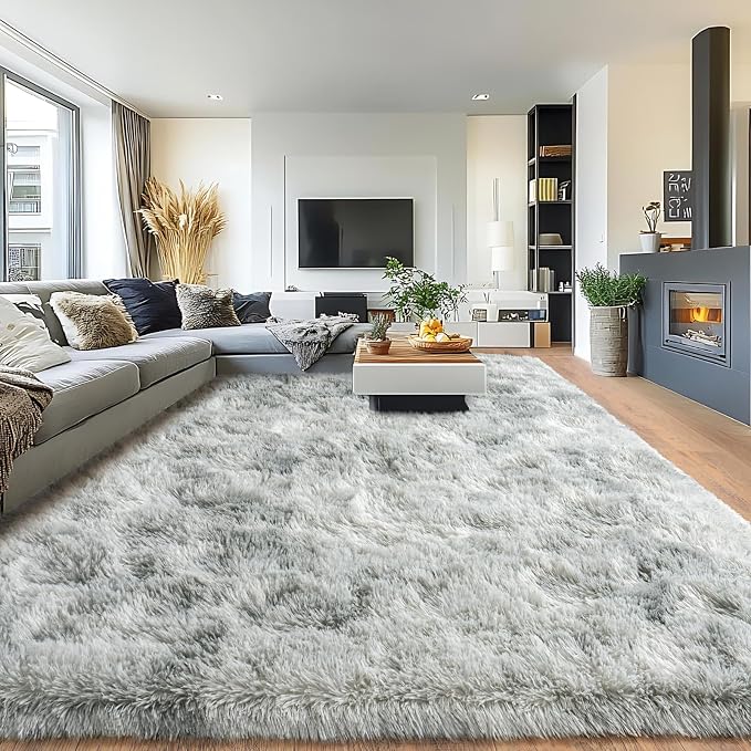 Pionblank 8x10 Rug for Living Room, Fluffy Large Area Rug, Tie Dye Grey | by PIONBLANK
