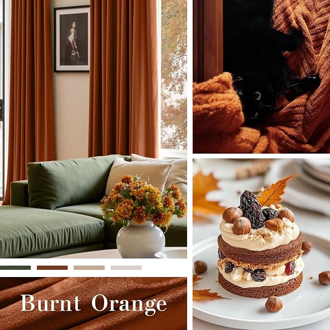 Lazzzy Velvet Blackout Curtains Thermal Insulated Room Window Drapes Super Soft Luxury Curtains for Living Room Bedroom Rod Pocket 2 Panels, Burnt Orange, 52" W x 72" L