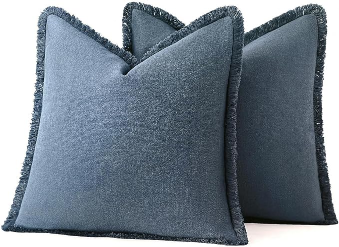 MIULEE Linen Fringe Decorative Euro Throw Pillow Covers Blue Ashes 28x28 | Set - Image 7