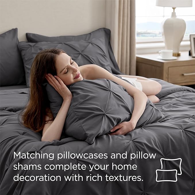 Bedsure King Size Comforter Set Dark Grey - Bed in a Bag Bedding Set 7 Pieces, GentleSoft™ Pintuck Bed Set Gift for Family, Pinch Pleat Dark Grey Comforter with Sheets, Pillowcases & Shams
