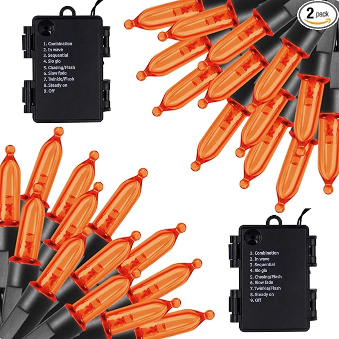 Twinkle Star Orange Halloween String Lights, 2 Pack Total 100 LED 32FT Battery Operated String Light Waterproof Tree Lights with 8 Lighting Modes,Indoor Outdoor Patio Garden Halloween Decorations