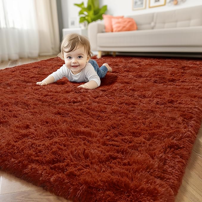 Amdrebio Terracotta Rust Furry Area Rug 5x7 by Amdrebio