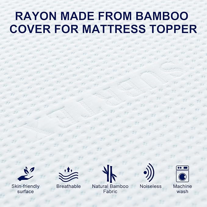 Subrtex 3 Inch Mattress Topper Cover (Only Cover) Mattress Topper Protector Bedding Rayon Made from Bamboo Removable Mattress Encasement with Zippers, King