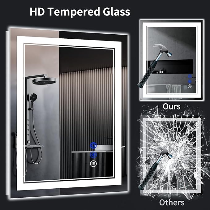 40"x30" LED Bathroom Mirror with Anti-Fog, Stepless Dimmable Lights, 3 Color Modes, Shatter-Proof Tempered Glass, Memory Function & Waterproof Design