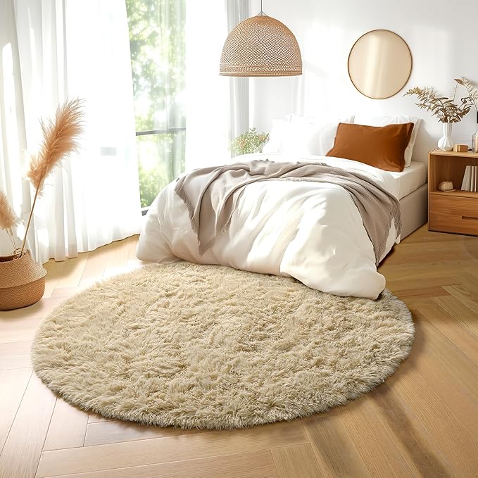 Amdrebio Beige Boho Shag Round Circle Area Rug 6Ft - Image 3
