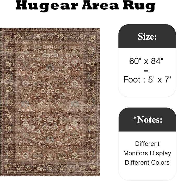 5x7 Brick Red Vintage Floral Washable Area Rug - Image 2