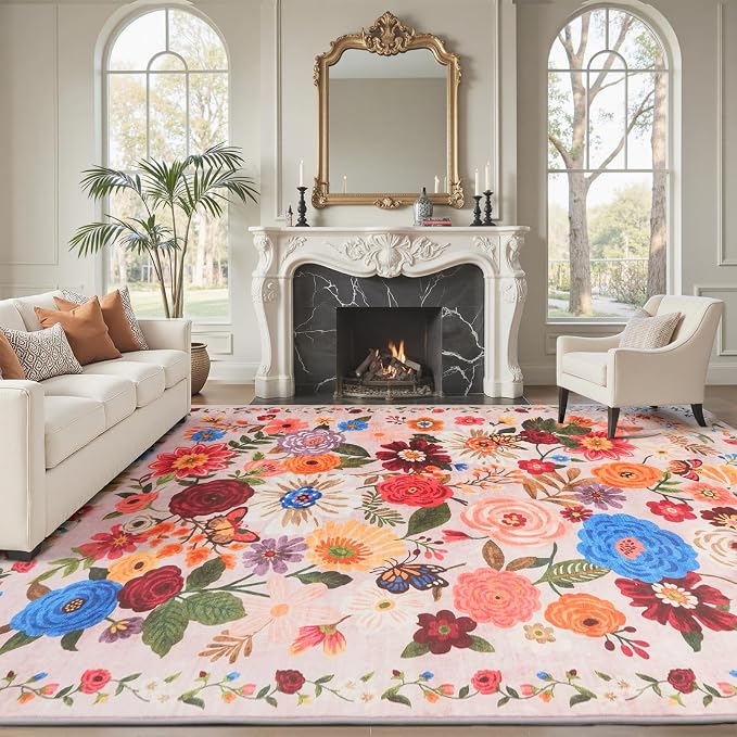 Blush Floral Area Rug 10x14 for Living Room Bedroom | Low Pile; Non Slip; - Image 4