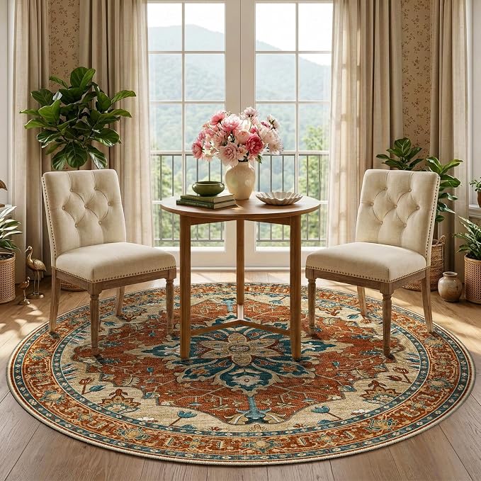 RELEANY Washable Area Rug, Round 5ft, Water Repellent, Pet Friendly, Vintage - Image 3