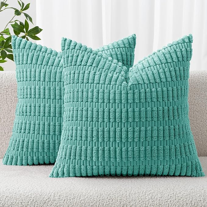 MIULEE Corduroy Decorative Throw Pillow Covers 18x18 Aqua Green Pack of 2 | by MIULEE