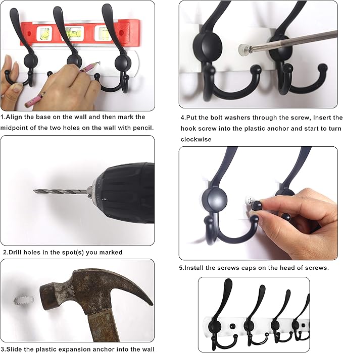 WEBI Coat Rack Wall Mounted,2 Coat Hooks for Hanging Coats,Hook Rack Hook Rail Coat Hanger Wall Coat Rack with Hooks for Clothes,Jacket,Black