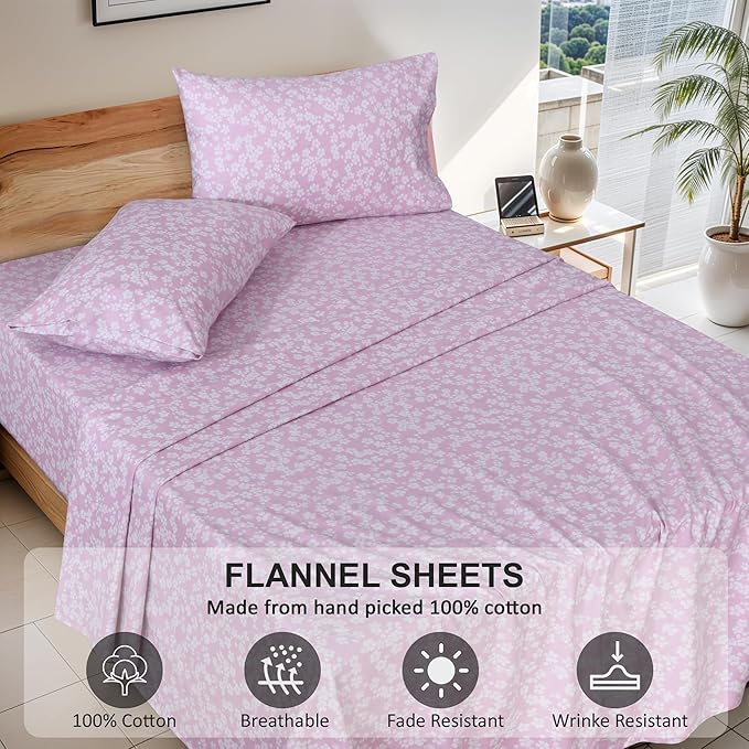 RUVANTI Flannel Sheets Full Size - 100% Cotton Double Brushed Bed Sheets Set, Deep Pockets 16 Inches, All Seasons Breathable & Extra Soft Full Sheets, Warm & Cozy, 4 Piece, Pink Flora
