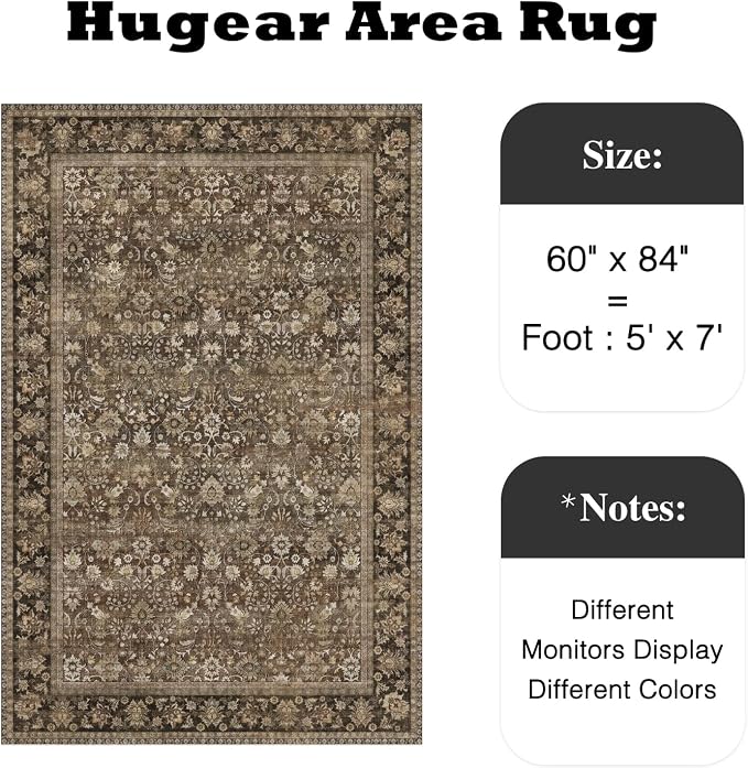 5x7 Brown Vintage Floral Washable Area Rug - Image 2