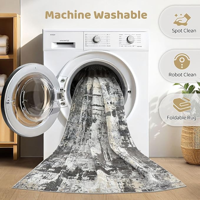LOONGRUG 7x9 Area Rug Washable Large Neutral Modern Living Room Rugs | Abstract - Image 2
