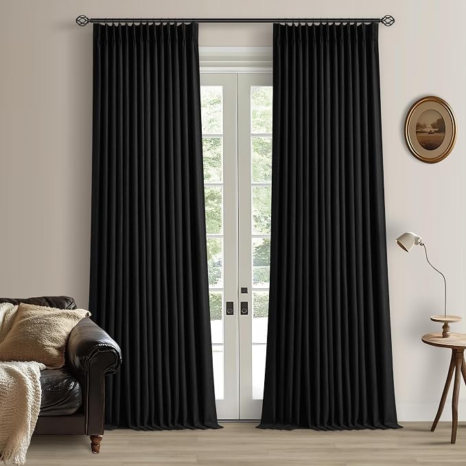 Black Pinch Pleated 100% Blackout Linen Bedroom Curtains 96 Inch Length | by Twodrapes