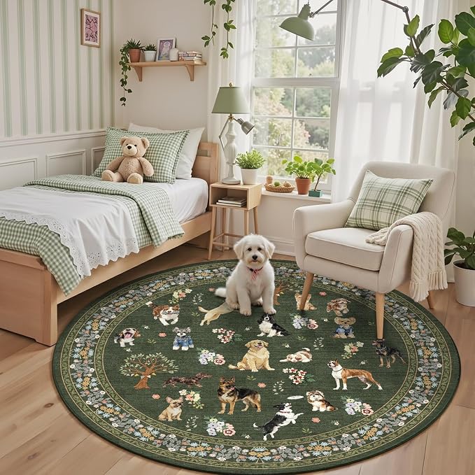 4Ft Round Dogs Area Rug for Living Room Bedroom | Stain Resistant; Non Slip; - Image 3