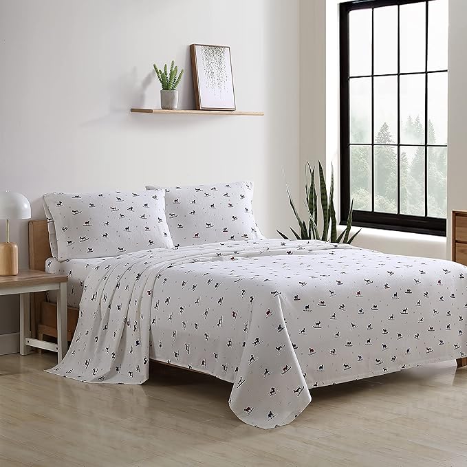 Eddie Bauer - Flannel Sheets King Size, Anti-Pilling & Wrinkle Resistant Cotton, Touchably Soft for All-Season Comfort - Bed Sheets with Matching Pillowcases & Fitted Sheet (Ski Patrol White)