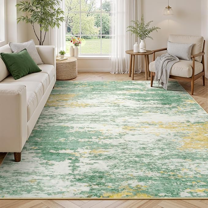 5x7 Area Rug for Living Room, Abstract Washable Non-Slip Rugs, Light Green | by Lofus