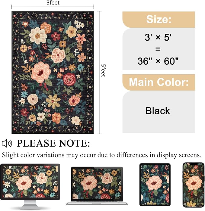 DUKINO 3x5 Area Rug, Floral Washable Rug - Image 2