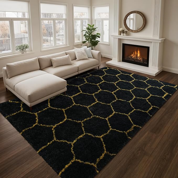 6x9 Large Black Gold Fluffy Soft Area Rug Non-Slip - Image 2