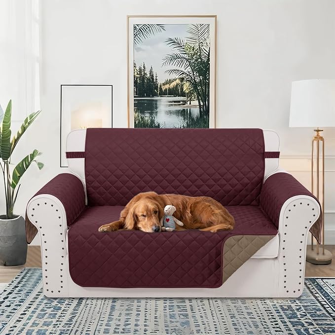 Reversible 45" Small Loveseat Sofa Covers, Burgundy/Camel | Loveseat Covers - Image 2